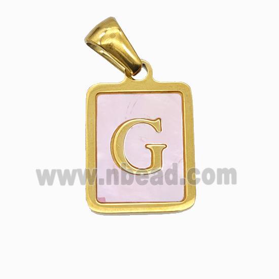 Stainless Steel Rectangle Pendant Pave Pink Shell Letter-G Gold Plated