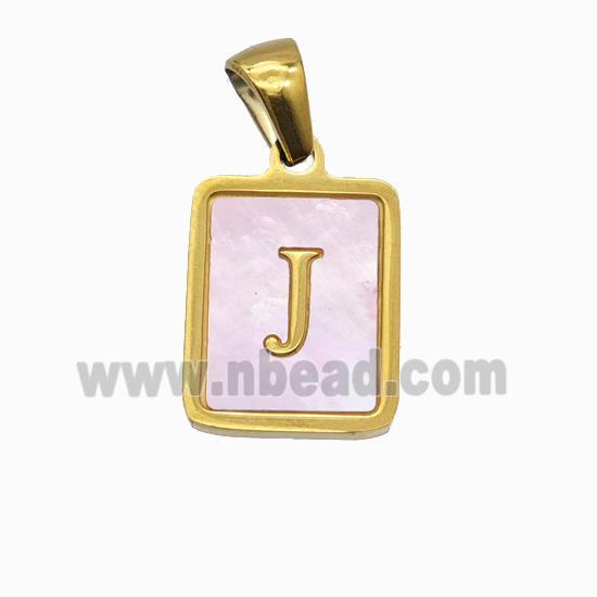 Stainless Steel Rectangle Pendant Pave Pink Shell Letter-J Gold Plated