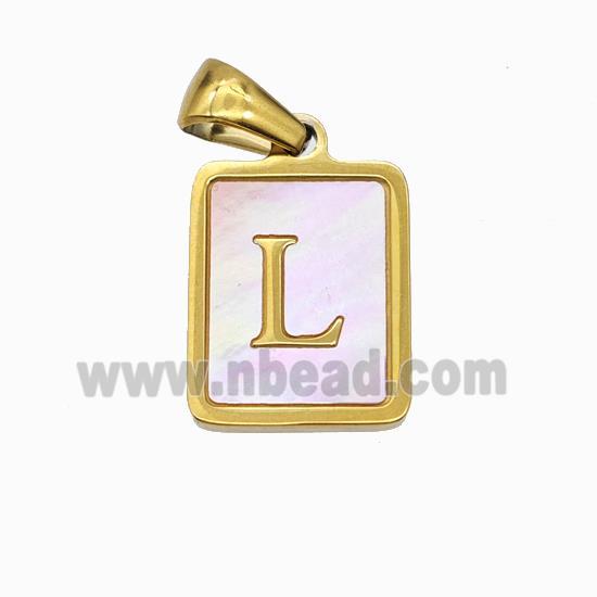 Stainless Steel Rectangle Pendant Pave Pink Shell Letter-L Gold Plated