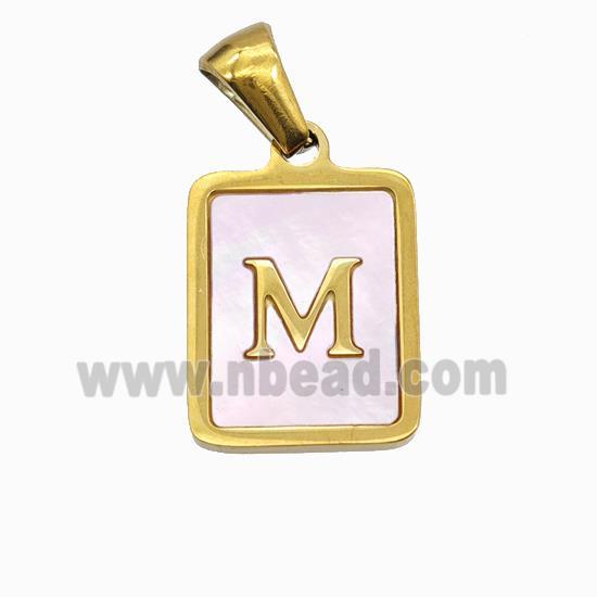 Stainless Steel Rectangle Pendant Pave Pink Shell Letter-M Gold Plated