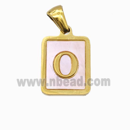 Stainless Steel Rectangle Pendant Pave Pink Shell Letter-O Gold Plated