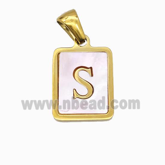 Stainless Steel Rectangle Pendant Pave Pink Shell Letter-S Gold Plated