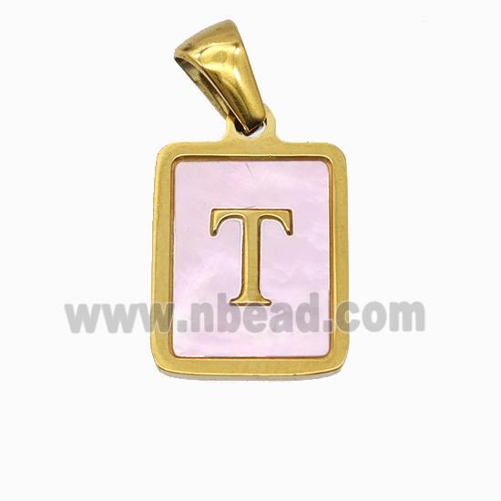 Stainless Steel Rectangle Pendant Pave Pink Shell Letter-T Gold Plated