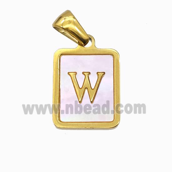 Stainless Steel Rectangle Pendant Pave Pink Shell Letter-W Gold Plated