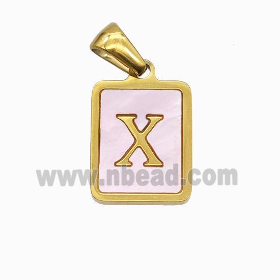 Stainless Steel Rectangle Pendant Pave Pink Shell Letter-X Gold Plated