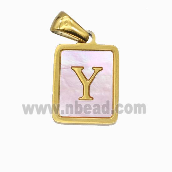 Stainless Steel Rectangle Pendant Pave Pink Shell Letter-Y Gold Plated