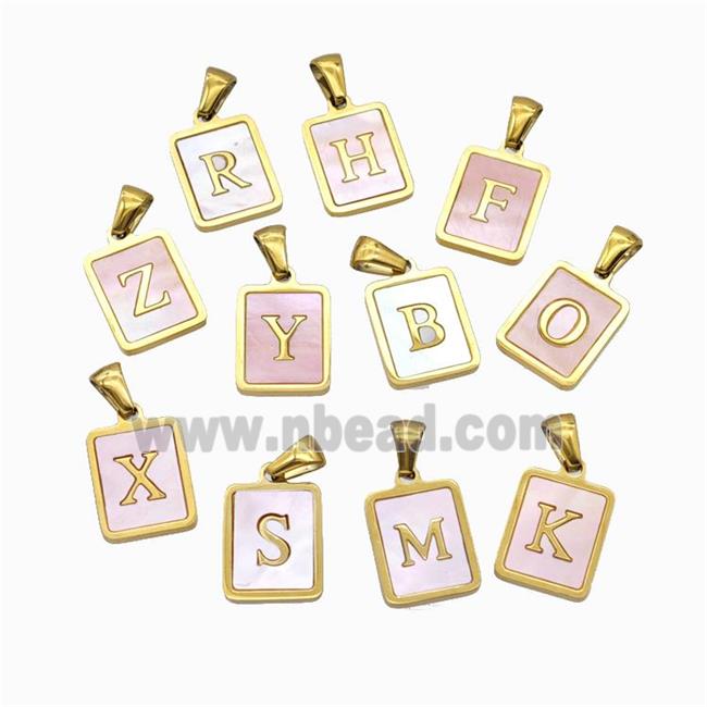 Stainless Steel Rectangle Alphabet Pendant Pave Pink Shell Mix Letters Gold Plated