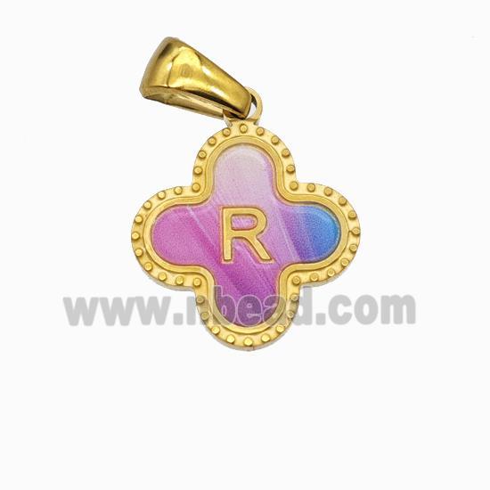 Stainless Steel Clover Pendant Letter-R Painted Gold Plated