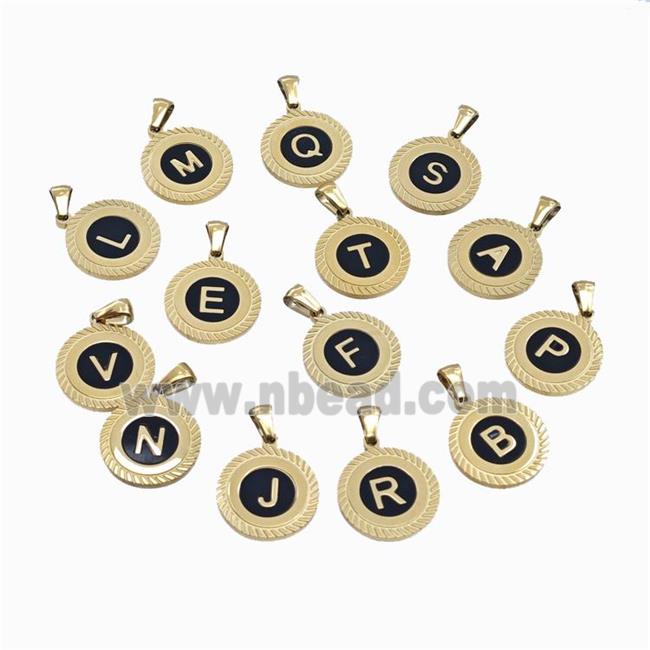 Stainless Steel Letter Pendant Pave Black Shell Mix Alphabet Gold Plated