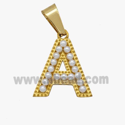 Stainless Steel Pendant Pave Pearlized Resin Letter-A Gold Plated