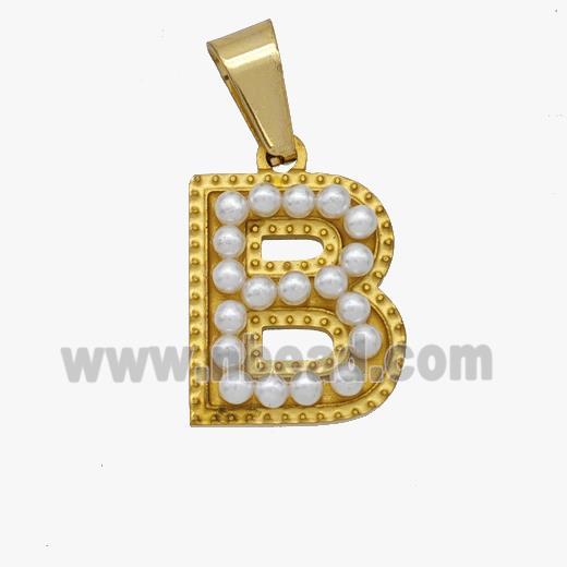 Stainless Steel Pendant Pave Pearlized Resin Letter-B Gold Plated