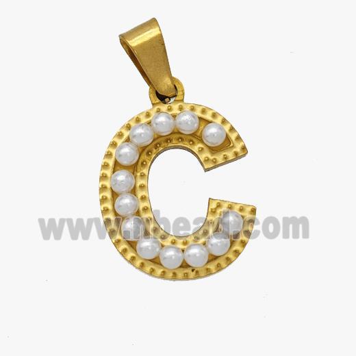 Stainless Steel Pendant Pave Pearlized Resin Letter-C Gold Plated