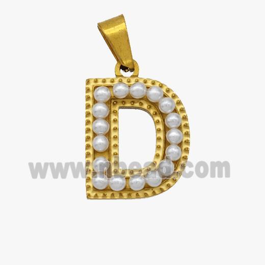 Stainless Steel Pendant Pave Pearlized Resin Letter-D Gold Plated