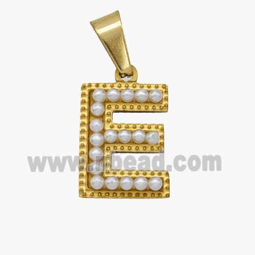 Stainless Steel Pendant Pave Pearlized Resin Letter-E Gold Plated