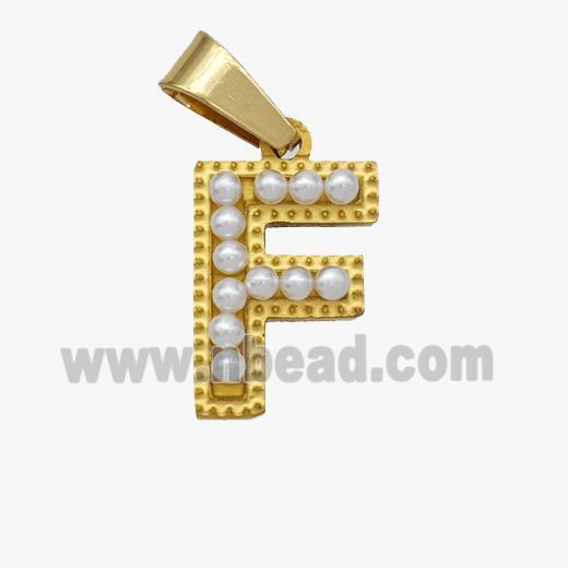 Stainless Steel Pendant Pave Pearlized Resin Letter-F Gold Plated