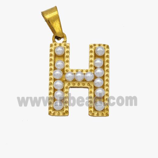 Stainless Steel Pendant Pave Pearlized Resin Letter-H Gold Plated