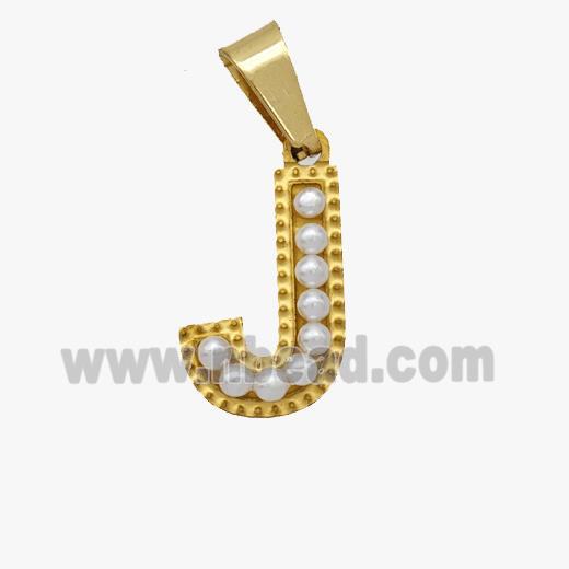 Stainless Steel Pendant Pave Pearlized Resin Letter-J Gold Plated