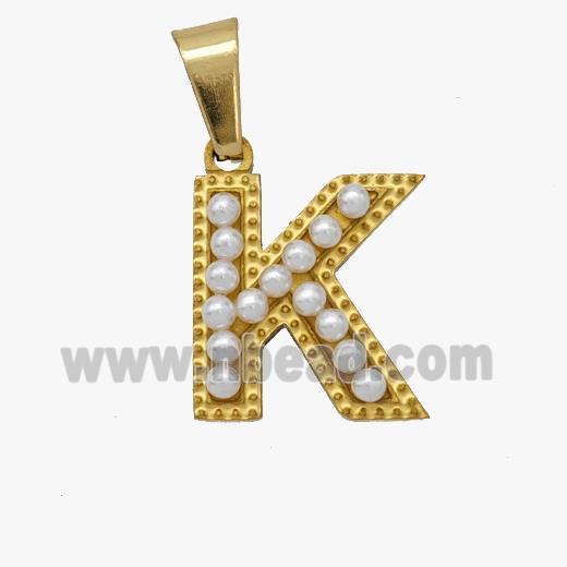 Stainless Steel Pendant Pave Pearlized Resin Letter-K Gold Plated