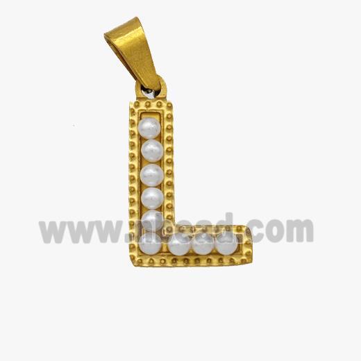 Stainless Steel Pendant Pave Pearlized Resin Letter-L Gold Plated