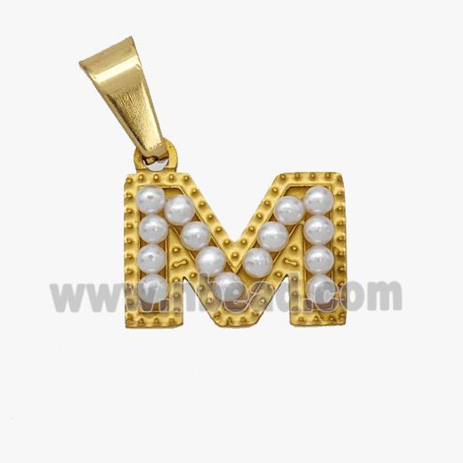 Stainless Steel Pendant Pave Pearlized Resin Letter-M Gold Plated