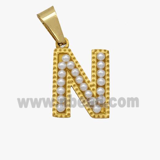 Stainless Steel Pendant Pave Pearlized Resin Letter-N Gold Plated