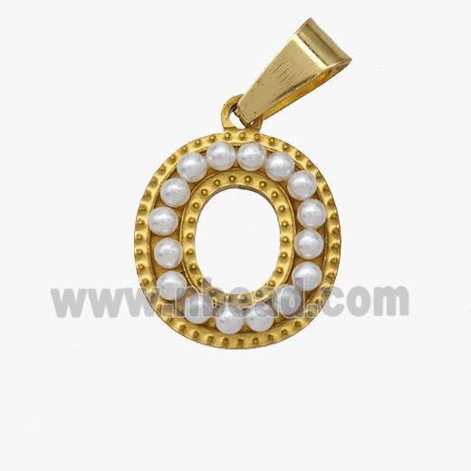 Stainless Steel Pendant Pave Pearlized Resin Letter-O Gold Plated