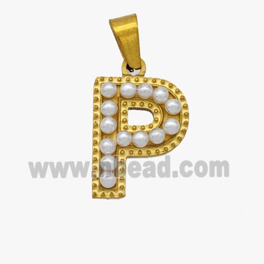 Stainless Steel Pendant Pave Pearlized Resin Letter-P Gold Plated