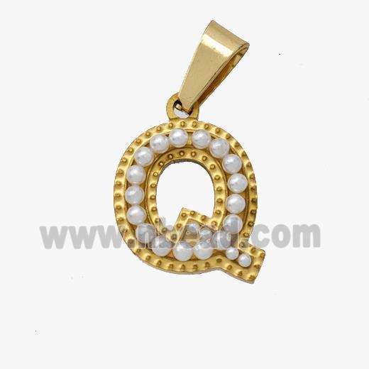 Stainless Steel Pendant Pave Pearlized Resin Letter-Q Gold Plated