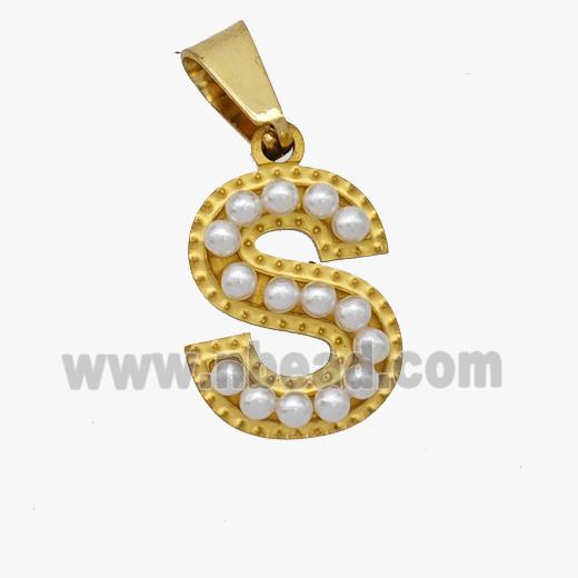 Stainless Steel Pendant Pave Pearlized Resin Letter-S Gold Plated