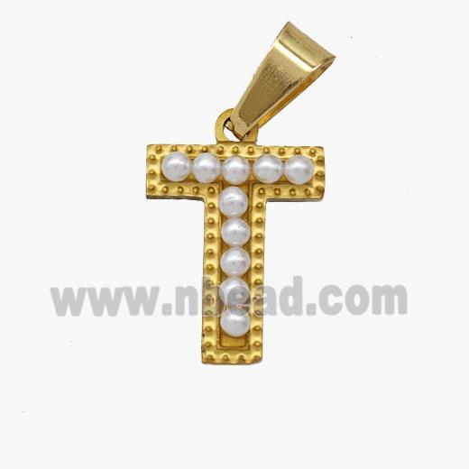 Stainless Steel Pendant Pave Pearlized Resin Letter-T Gold Plated