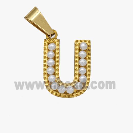 Stainless Steel Pendant Pave Pearlized Resin Letter-U Gold Plated