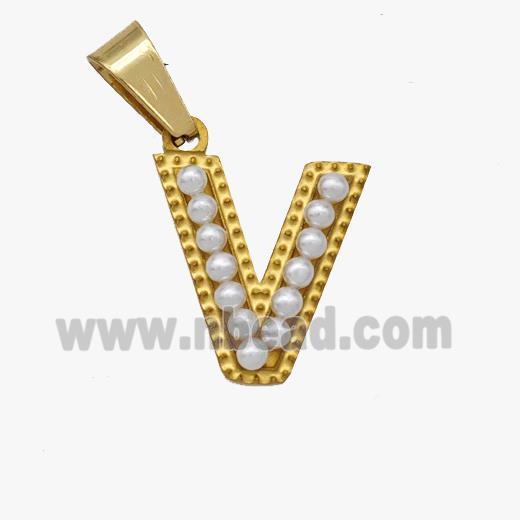 Stainless Steel Pendant Pave Pearlized Resin Letter-V Gold Plated