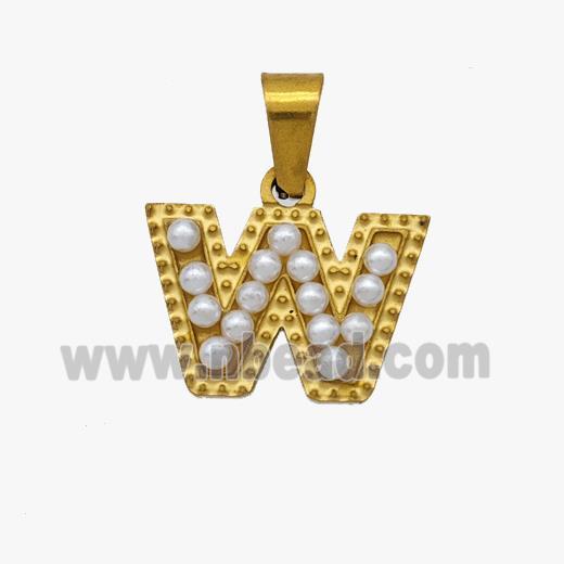 Stainless Steel Pendant Pave Pearlized Resin Letter-W Gold Plated