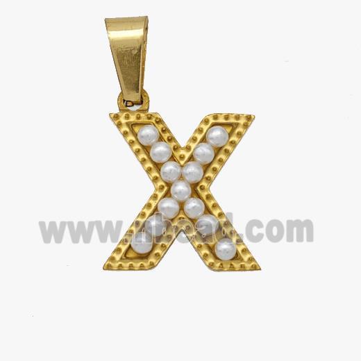 Stainless Steel Pendant Pave Pearlized Resin Letter-X Gold Plated