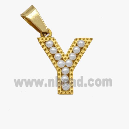 Stainless Steel Pendant Pave Pearlized Resin Letter-Y Gold Plated