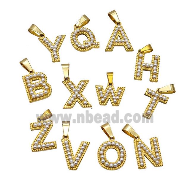 Stainless Steel Alphabet Pendant Pave Pearlized Resin Mix Letters Gold Plated