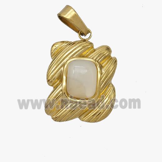 Stainless Steel Pendant Pave White Jade Gold Plated