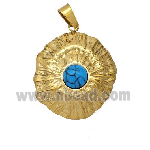 Stainless Steel Flower Pendant Pave Blue Howlite Gold Plated