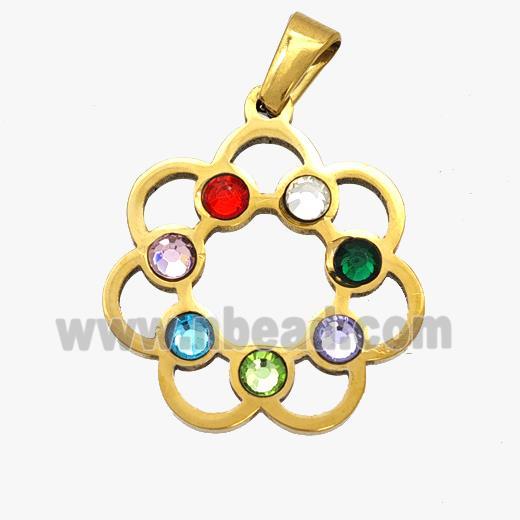 Stainless Steel Flower Pendant Micropave Rhinestone Chakra Gold Plated