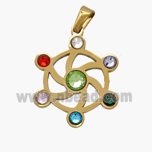 Stainless Steel Flower Pendant Micropave Rhinestone Chakra Gold Plated