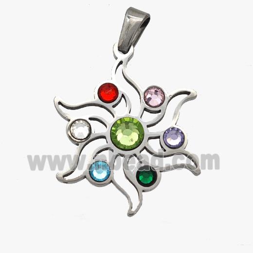 Raw Stainless Steel Flower Pendant Micropave Rhinestone Chakra