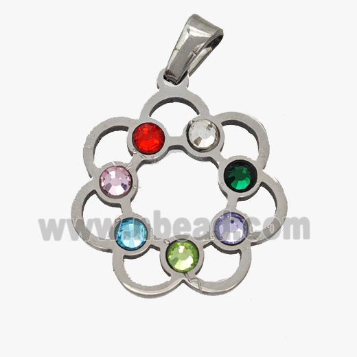 Raw Stainless Steel Flower Pendant Micropave Rhinestone Chakra