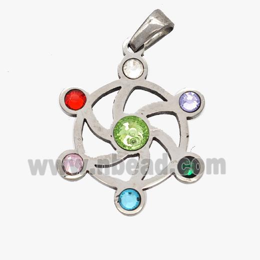 Raw Stainless Steel Flower Pendant Micropave Rhinestone Chakra