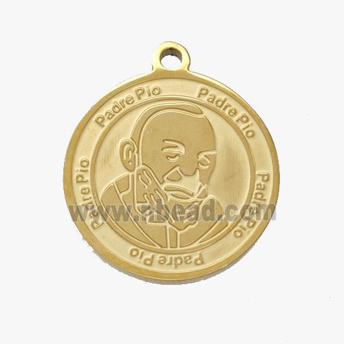 Stainless Steel Pendant Medal Padre Pio Circle Gold Plated