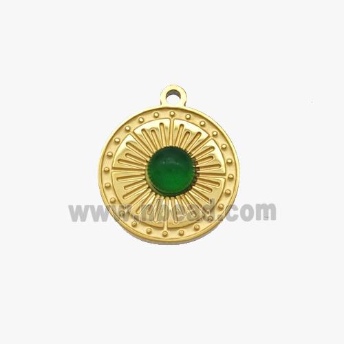 Stainless Steel Sun Pendant Pave Green Jade Gold Plated