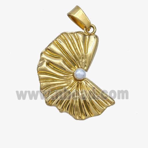 Stainless Steel Leaf Pendant Pave Pearlized Resin Gold Plated