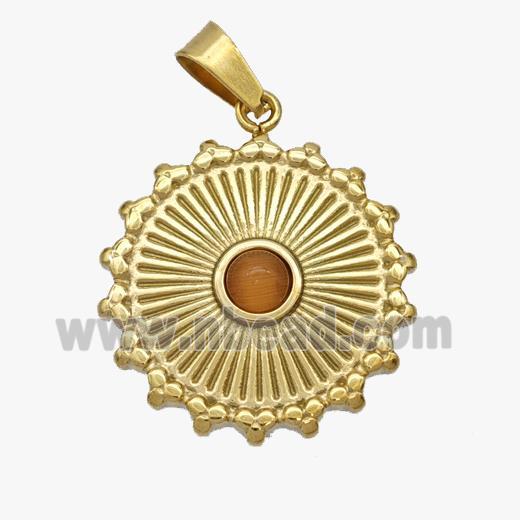 Stainless Steel Sun Pendant Pave Peach Cateye Glass Gold Plated