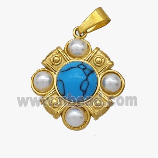 Stainless Steel Pendant Blue Howlite Pearlized Resin Gold Plated