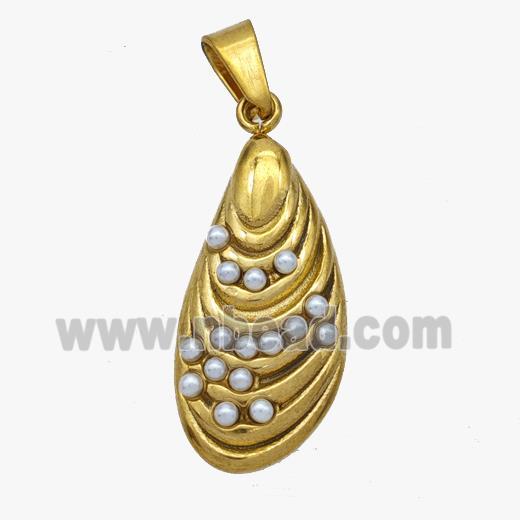 Stainless Steel Teardrop Pendant Pave Pearlized Resin Gold Plated