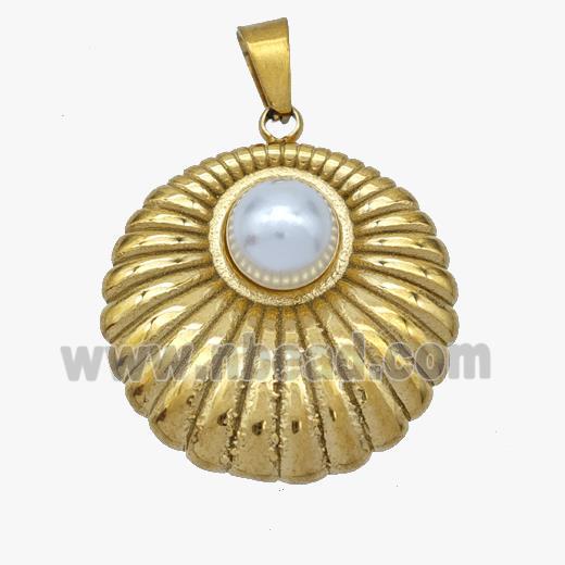 Stainless Steel Flower Pendant Pave Pearlized Resin Gold Plated